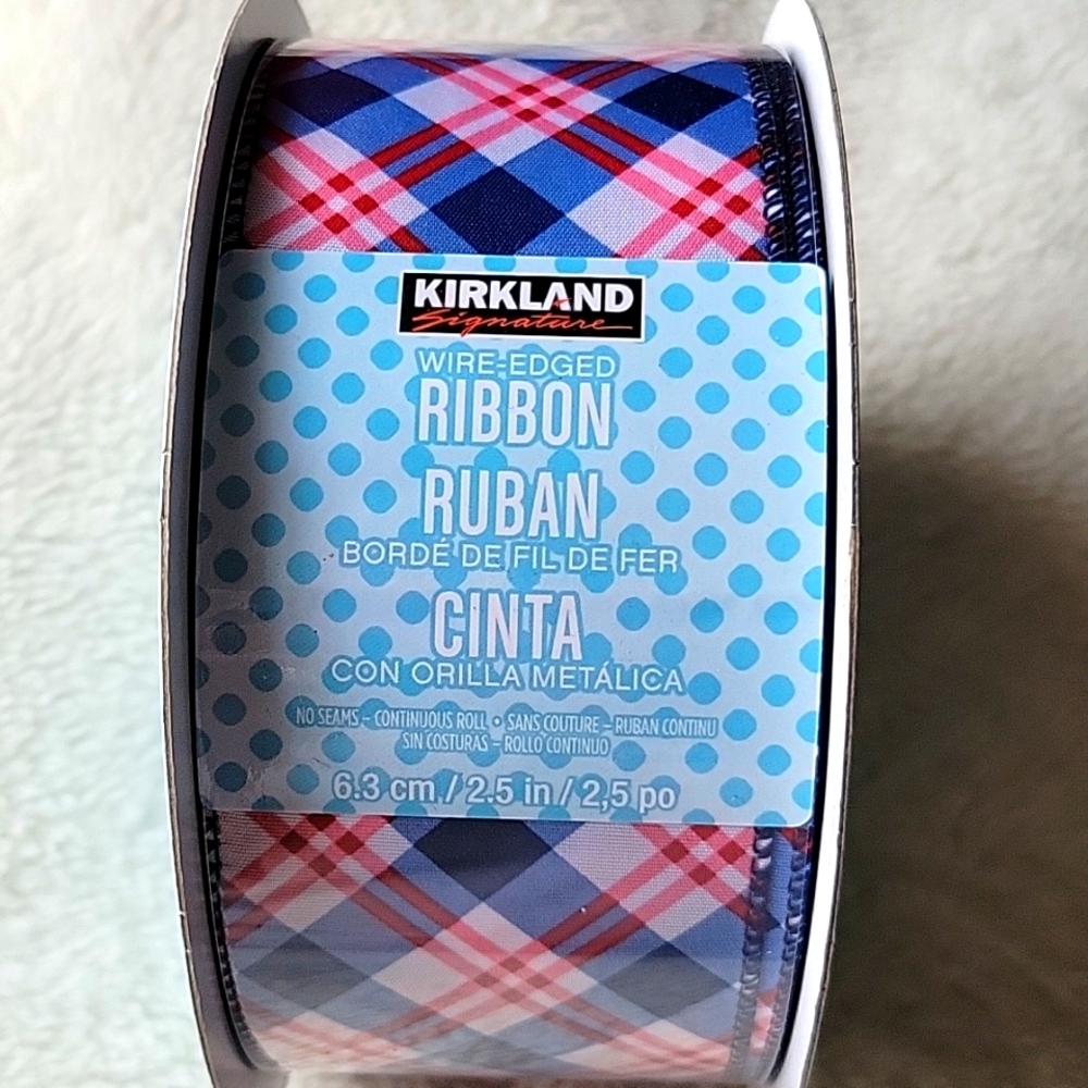 New Kirkland Signature Wire-edge Ribbon - Red and Blue Design - 50 yrds x 2.5 in